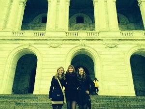 From left, 10th-graders Haley Larson, Ahnika Jensen and Katie Rassmussen stand in front of the Capitol building. – Submitted