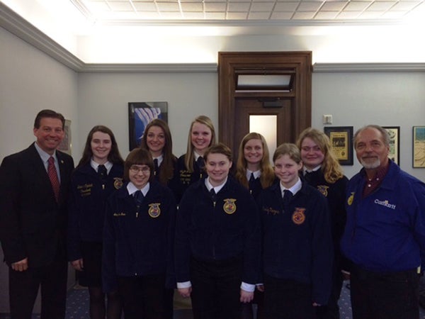 On March 27 the Albert Lea FFA chapter took eight members to FFA day at the state capitol. Members got to talk with local legislators and representatives about their ties to agriculture. Pictured in the back from from the left are Sen. Dan Sparks, Brianna Opdahl, Madalynn Thostenson, Taylor Willis, Krystal Viktora and Marissa Oakland.Pictured in the front row from the left are Amanda Bera, Lizzy Silva, Ali Hagen and Kim Meyer. – Submitted