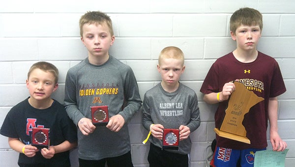 Youth wrestlers form Albert Lea competed at the National Youth Wrestling Association meet from April 3 to 6 at the Rochester Civic Center. From left are Darin Linn, Cole Glazier, Mike Olson and Kail Wynia. Logan Davis, Aivin Wasmoen, Joey Flores and Caleb Talamantes are not pictured. Linn took sixth place in the kindergarten division, Olson took second place in the second-grade division. Glazier finished third in the third-grade division. Wynia won the fourth-grade division. Flores and Talamantes competed in the fifth-grade division. Flores took fourth, and Talamantes took sixth. — Submitted