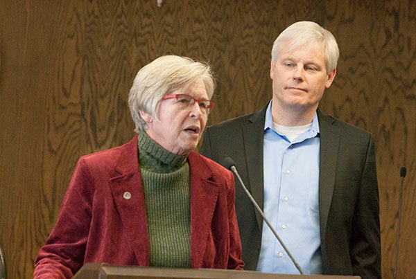 District 27A Rep. Shannon Savick speaks Tuesday afternoon in a news conference at Albert Lea City Hall as House Speaker Paul Thissen listens. – Sarah Stultz/Albert Lea Tribune