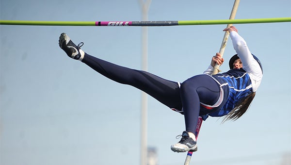 Anna Anderson of Albert Lea performs the pole vault Tuesday at home against Mankato West, Rochester Century and Winona. — Micah Bader/Albert Lea Tribune