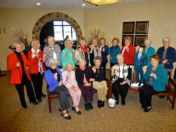The Albert Lea area Women’s Investment Group met Sunday at Wedgewood Cove Golf Club. The group is slated to appear on the TV investment show “Mad Money” on CNBC with host Jim Cramer. In the first row from left are Ann Oliphant, Dorothy Erlandson, Hazel Kipple, Bev Krebsbach, Karen Trow, cutout of Cramer and Rosalie Truax. In the second row are Joyce Nixon, Pat Lee, Esna Christian, Luida Lund, Beth Spande, Mary Ellen Johnson, Colleen Olson, Marlys Broberg, Lois Jensen, Shirlie Brownlow and Gwen Groskurth. The group came up with questions to be answered on the show. – Submitted