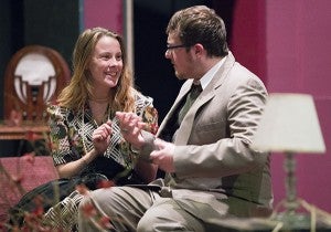 Cheyenne Severtson, as Maggie, and Dustin Smith, as Max, rehearse a scene from “Lend Me a Tenor” Tuesday at the Marion Ross Performing Arts Center. – Colleen Harrison/Albert Lea Tribune