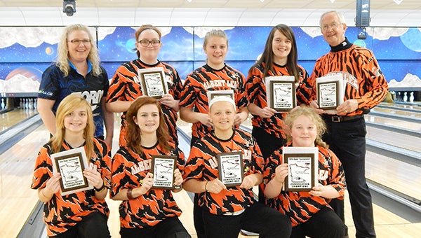 The Albert Lea girls’ high school bowling team won the consolation championship April 26 at Southway Bowl in St. Cloud. Front row from left are Rachel Reichl, Makena Hall, Bree Tlamka and Tiffany Hallisy. Back row from left are Wendy McPearson, Angela Riekens, Hannah Senne, Brianna Oftedahl and coach Loren Kaiser. — Submitted