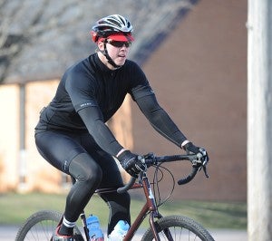 Ben Kelly of Albert Lea rides his bike Saturday through Hayward as part of the Freeborn County Bike-A-Thon. Kelly planned to finish the 100-mile bicycle ride. – Micah Bader/Albert Lea Tribune