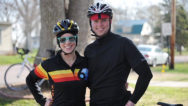 Ben Kelly and Mariah McGill of Albert Lea stand next to their bicycles Saturday at a checkpoint in Hayward during the Freeborn County Bike-A-Thon. The duo has ridden together in the event three times. — Micah Bader/Albert Lea Tribune