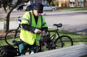 Dennis Peterson of Albert Lea takes a break at the fourth checkpoint of the Freeborn County Bike-A-Thon Saturday at Hayward. Peterson, a resident of Hayward, estimated he’s ridden in the event 10 times. – Micah Bader/Albert Lea Tribune