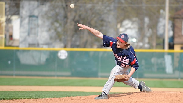 Tristin Muilenburg of Albert Lea throws a pitch in Game 1 of a doubleheader Wednesday against Rochester Mayo at Hayek Field. Muilenburg pitched all seven innings and allowed six hits, two earned runs and two walks. — Micah Bader/Albert Lea Tribune