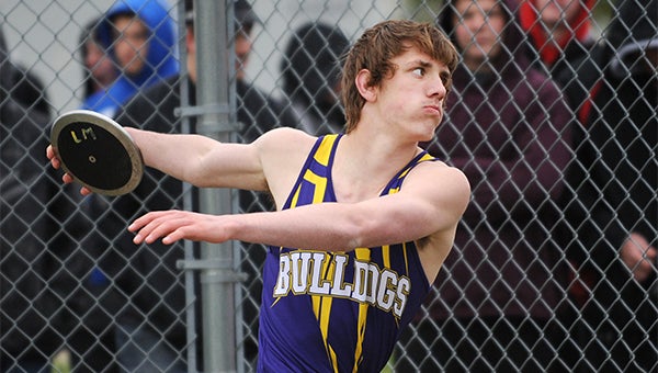 Noah Irons of Lake Mills prepares to throw the discus Thursday at the Class 1A, District 7 track meet at Lake Mills. — Micah Bader/Albert Lea Tribune