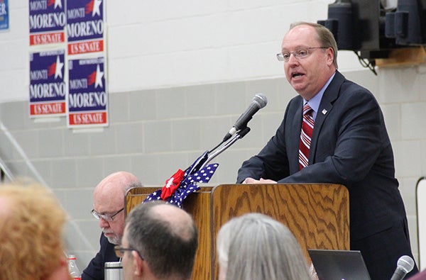 After the third ballot at the Republican Convention at Southwest Middle School on April 5, businessman Jim Hagedorn of Blue Earth announces his intention to step down. Tim Engstrom/Albert Lea Tribune