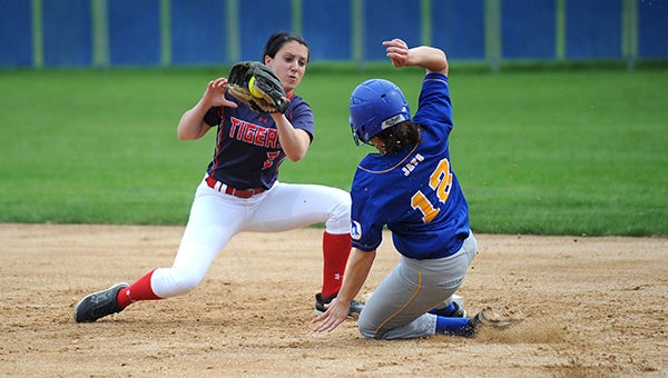 Megan Kortan of Albert Lea tags a Waseca baserunner Tuesday at Waseca during the first round of the Section 2AA playoffs. — Micah Bader/Albert Lea Tribune