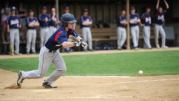 E.J. Thomas of Albert Lea lays down a bunt Saturday in the Subsection 2AA South quarterfinals at Hayek Field. — Micah Bader/Albert Lea Tribune