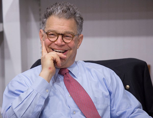 U.S. Sen. Al Franken jokes with area agriculture leaders Wednesday at the Albert Lea-Freeborn County Chamber of Commerce before discussing different issues in the agriculture community surrounding rail transport. – Colleen Harrison/Albert Lea Tribune