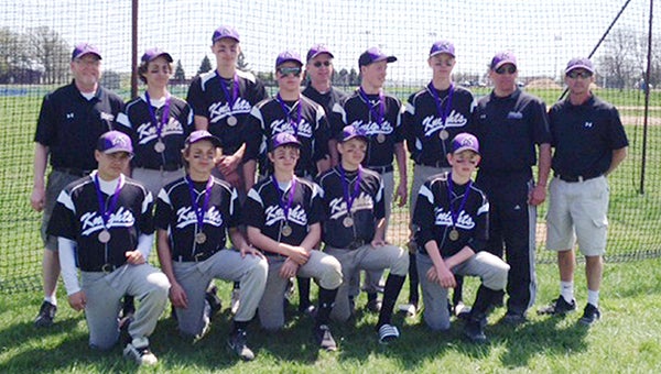 The Albert Lea Knights 14AAA baseball team took third place at the Knights Slugfest from May 16 to 18. In pool play, the Knights beat Austin 3-2 and tied Forest Lake 8-8. In the semifinals, the Knights lost to Red Wing 7-4 and then won the third-place game 5-4 against Rochester. Front row from left are Noah Habana, Bergan Lundak, Ty Harms, Brady Solie and Garret Piechowski. Back row from left are coach Grant Edwards, Jacob Bordewick, Dillan Lein, Alex Bledsoe, coach Kelly Bordewick, Zach Edwards, Alex Goodmanson, coach Mike Piechowski and coach Dan Harms. — Provided