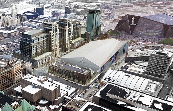 This rendering of the stadium from the southwest with a big tent out front shows what it would look like in winter. The tent would be home to a seven-acre tailgate party. Minneapolis will host the Super Bowl in February 2018.