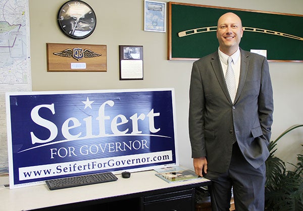 Republican gubernatorial candidate Marty Seifert smiles for a photo during a stop at the Albert Lea Airport Wednesday afternoon. – Sarah Stultz/Albert Lea  Tribune
