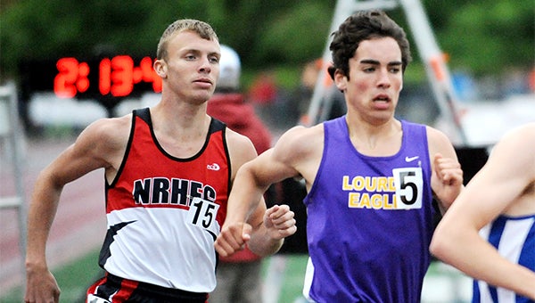T.J. Schiltz of NRHEG runs behind Ian Torchia of Rochester Lourdes Saturday during the 1,600-meter run at the Class A state track meet at Hamline University. Schiltz finished sixth with a time of 4:23.34. Jacob Tellers/Albert Lea Tribune