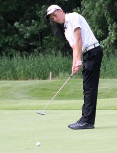 United South Central’s Ryan Pederson putts on the on the green of hole No. 7 at Pebble Creek Golf Club during Day 2 of the Class A state tournament. — Jacob Tellers/Albert Lea Tribune