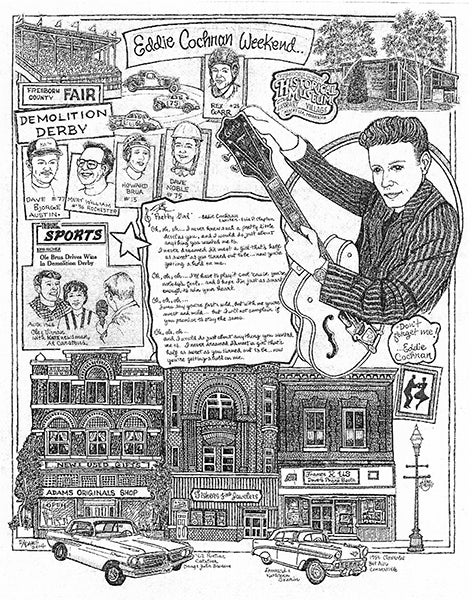 The Freeborn County Historical Society and the Eddie Cochran Weekend committee announce the creation of the 21st Eddie Cochran print by artist Eloise Adams. The print will be shown for the first time at tonight’s cruise-in at Country Inn & Suites. The prints can be seen at a display in front of Adams Originals Saturday at the car show. The prints are numbered and signed and some are hand-painted. – Provided