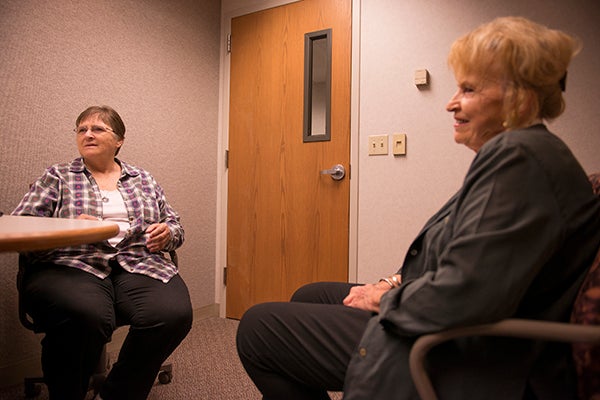 Julie Latusek, left, and Joan Stiles met this past spring when they were going to Mayo Clinic Health System in Albert Lea to seek treatment for breast cancer. The two quickly became good friends, and are now both cancer-free. – Colleen Harrison/Albert Lea Tribune