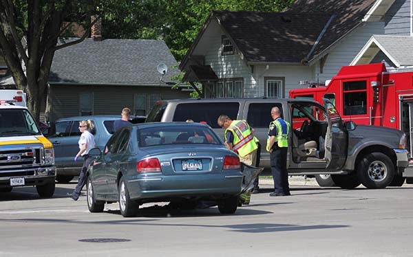 Emergency personnel respond to a crash at the intersection of West Main Street and First Avenue in Albert Lea Wednesday afternoon. – Sarah Stultz/Albert Lea Tribune