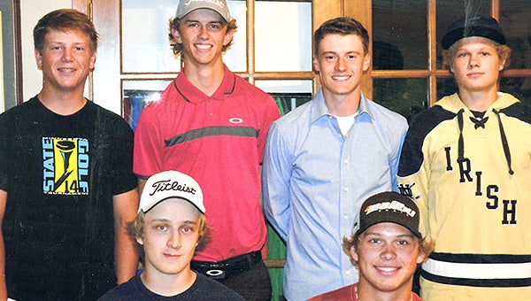 The Albert Lea boys’ golf team had its awards banquet on June 16 at Green Lea Golf Course. Front row from left are Ryan Pederson, Coach’s Award; and Adam Syverson. Back row from left are Alex Syverson, Big Nine All-Conference; Brady Loch, Coach’s Award; Lucas Peterson, Big Nine All-Conference, MVP and a member of the Minnesota State Coaches Association’s All-State team; and Jack Pulley, Most Improved Player. Brent Nafzger, Big Nine All-Conference honorable mention; and Sam Chalmers are not pictured. Each golfer listed was a letter winner. — Provided