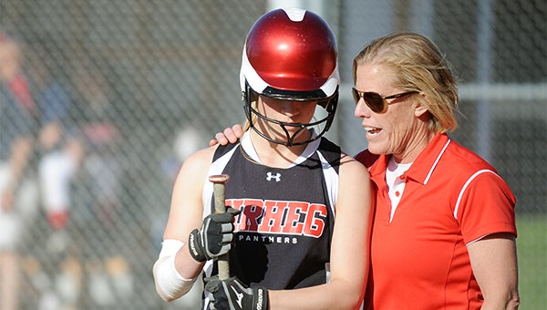 NRHEG coach Wendy Schultz, right, talks to Anna Stork before she walked to the batter’s box during the Subsection 2AA South semifinals on May 22 against Albert Lea at New Richland. The Panthers won 4-3. — Micah Bader/Albert Lea Tribune