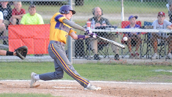 Taylor Throne of Lake Mills drives in his second home run of the day off of a 3-2 count in the fifth inning against Riceville in the Class 1A, District four seminals at Lake Mills. — Jacob Tellers/Albert Lea Tribune