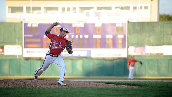 Makael Lunning of the Albert Lea Legion Post 56 baseball team throws a pitch Tuesday against Winona in the first round of the District 1 tournament at Maxwell-Loughrey Field on the campus of Winona State University. — Micah Bader/Albert Lea Tribune