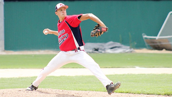 Tyler Steele of Albert Lea Legion Post 56 winds up to throw a pitch Saturday against Kasson in the consolation bracket of the District 1 tournament.  Steele took the win. He pitched five innings, struck out three batters and gave up one walk and three hits. — Jacob Tellers/Albert Lea Tribune