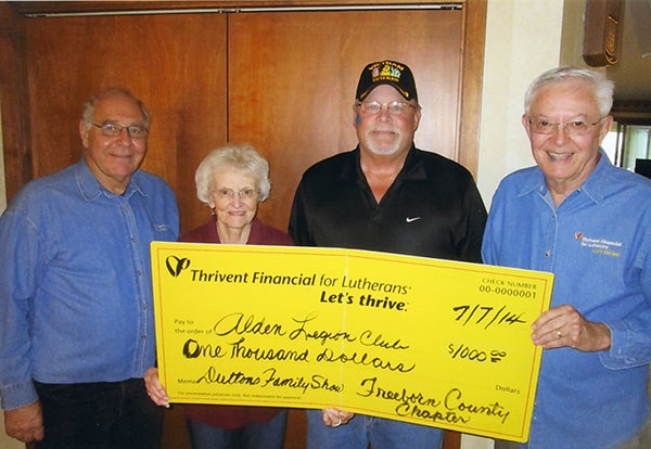 The Freeborn County Chapter of Thrivent board members Gary Hunnicutt, Joyce Fredin and Neil Pierce presented a $1,000 supplemental funding check from Thrivent Financial to Gary Newman from the Alden Legion Club fundraiser “Dutton’s Family Show.” – Provided