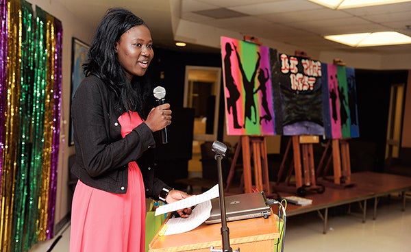 Jukrao Oman gives her testimonial of going through the Be Your Best College Prep Academy during the program’s graduation Thursday night. – Eric Johnson/Albert Lea Tribune