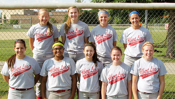 Albert Lea won the Southern Minny U18 League with a record of 14-2 by splitting a doubleheader Tuesday at Stewartville. Front row from left are Veronica Silva, Eesa Lopez, Haley Harms, Dayna Edwards and Taylor Thompson. Back row from left are Allison Grandstrand, Kassi Hardies, Hanna Schilling and Megan Kortan. — Provided
