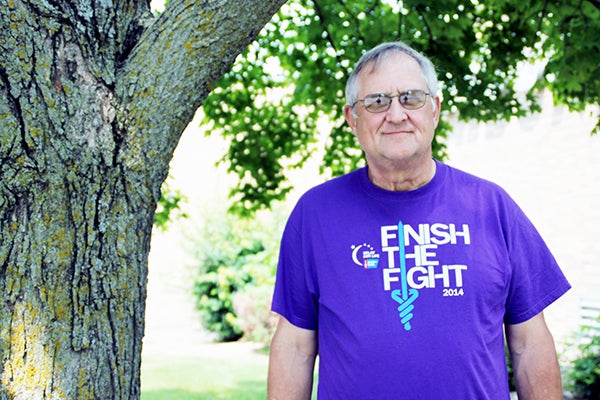Retired mailman Lynn Berven sports an American Cancer Society Relay for Life T-shirt. – Erin Murtaugh/Albert Lea Tribune