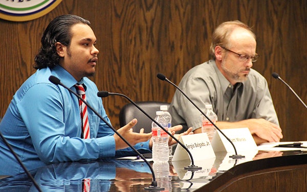 Sergio Salgado Jr., left, candidate for 6th Ward Albert Lea City Council position, speaks Wednesday during a debate with fellow candidate Matt Maras. Incumbent 6th Ward Councilor Al “Minnow” Brooks was unable to attend because of a family vacation. – Sarah Stultz/Albert Lea Tribune
