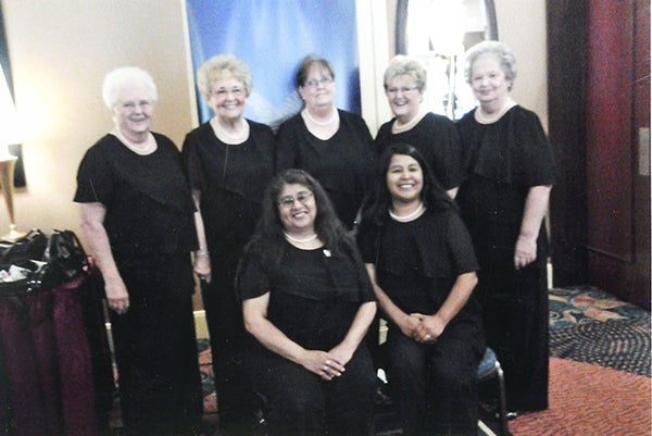The Albert Lea Eagles No. 2258 womens ritual team competed at the Eagles International Convention in Orlando, Fla., and placed sixth out of 32 teams. Seated are Beatrice Olvera, left, and Aracely Johnson. Back row, from left, are Shirley Johnson, Gwen Stallkamp, Carolyn Brenegan, Mary harty and Connie Wadding. – Provided