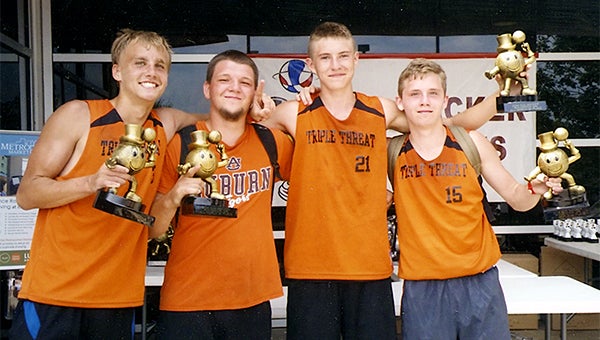 A 3-on-3 basketball team from Albert Lea won the eight-team bracket in the 18-and-under division of the Gus Maker Tournament Aug. 9 and 10 outside the Rochester Area Family YMCA. From left are Tyler Clark, James Hansen, Cal Adams and Ricky Rodarte. — Provided