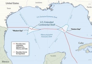 This map from the Heritage Foundation shows two gaps in exclusive economic zones in the Gulf of Mexico. The Western Gap was resolved in 2000. The Eastern Gap remains unresolved.