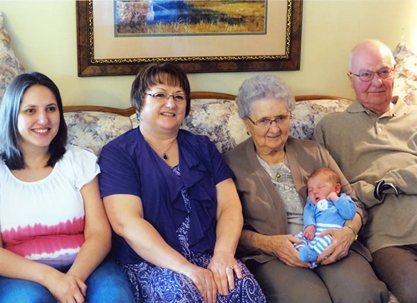 Matthias Allen Bugbee makes five generations in his family. Pictured, from left, is his mother, Jessica Anderson; grandmother, Lori Anderson; great-great-grandmother, Doris Baer, with Matthias; and great-grandfather, Jerry Baer. – Provided