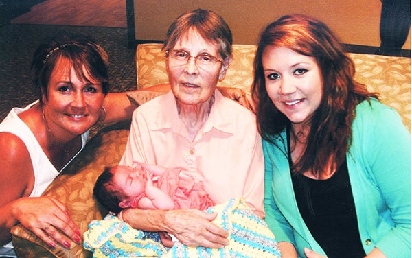 Infant Alice Orva Lewer makes four generations in her family. Pictured, from left, are her grandmother, Cheryl Braget; great-grandmother, Orva Sorensen, holding Alice; and mother, Jordie Lewer. – Provided