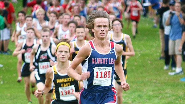 Albert Lea’s Jackson Goodell leads the pack Tuesday during the Mankato West Invitational at Minneopa Golf Course. Goodell finished with a time of 15:59.7 to win his third straight meet. Bryce Gaudian/for the Albert Lea Tribune