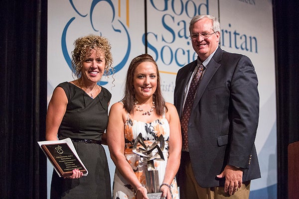 Megan Rauenhorst received a national award at the Good Samaritan Society Annual Operations Conference in Sioux Falls, S.D. Pictured, from left, are Katie Davis, campus administrator, Rauenhorst and David J. Horazdovsky, president and chief executive officer of Good Samaritan Society. – Provided
