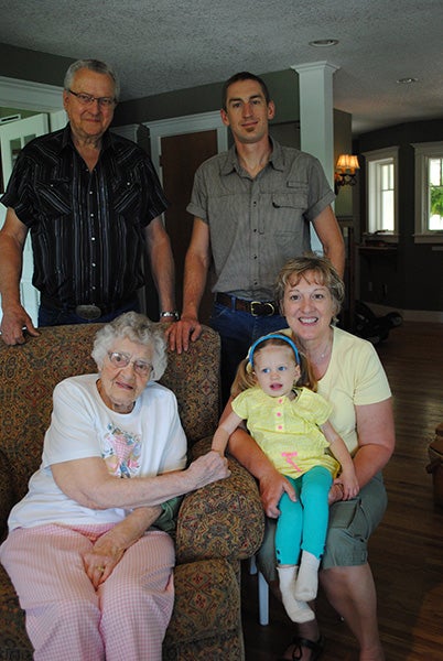 Clara Zenk makes fives generations in her family. Pictured clockwise, from back left, are her  great-grandfather Kent Smeby, father Tim Zenk, grandmother Kim Zenk, Clara and great-great-grandmother Norma Smeby. — Provided