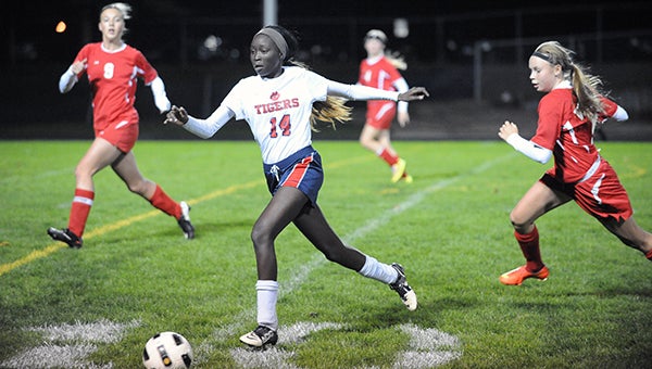 Becca Dup of Albert Lea dribbles the ball toward the goal Tuesday against Mankato West in the Section 2A semifinals at Jim Gustafson Field. — Micah Bader/Albert Lea Tribune