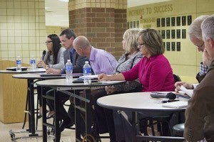After meeting in small groups, the school board members, administration and community members met in the high school commons to talk about some common themes the school board members had heard. – Hannah Dillon/Albert Lea Tribune