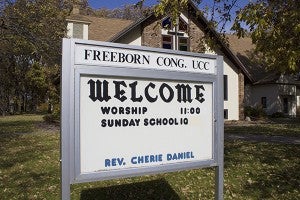 A sign welcomes visitors and members to the Freeborn Congregational United Church of Christ, which is closing its doors after 141 years at the end of this year. – Hannah Dillon/Albert Lea Tribune