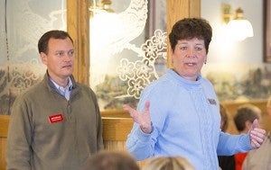 Republican District 27A candidate Peggy Bennett introduces Republican governor candidate Jeff Johnson during a  campaign stop Sunday at The Trumble’s. – Colleen Harrison/Albert Lea Tribune