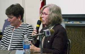 Incumbent District 27A Rep. Shannon Savick, DFL-Wells, speaks at Riverland Community College with challenger Peggy Bennett, R-Albert Lea, on Tuesday during a debate for the race. Indpendence Party candidate Tom Price was not in attendance. – Sarah Stultz/Albert Lea Tribune 