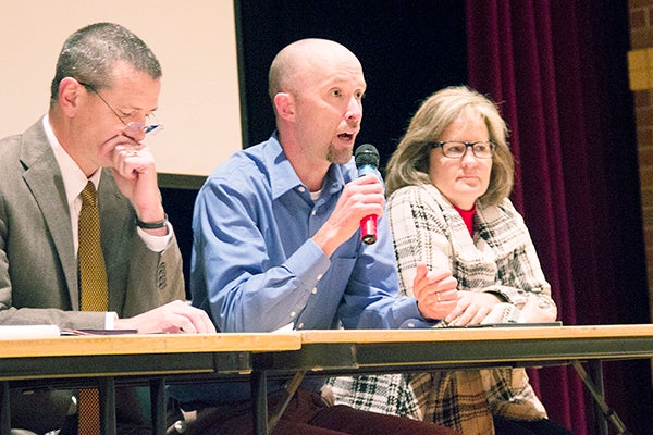 Jeshua Erickson speaks to the audience while answering a question during the third public forum on the calendar on Thursday evening. – Hannah Dillon/Albert Lea Tribune
