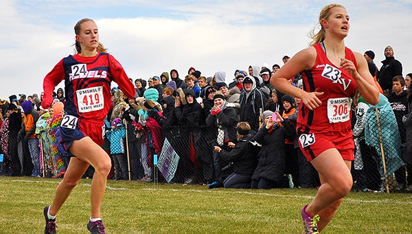 Beth Stevermer of United South Central runs down the stretch Saturday at the Class A girls’ state cross country meet at St. Olaf College in Northfield. — Rocky Hulne/Albert Lea Tribune
